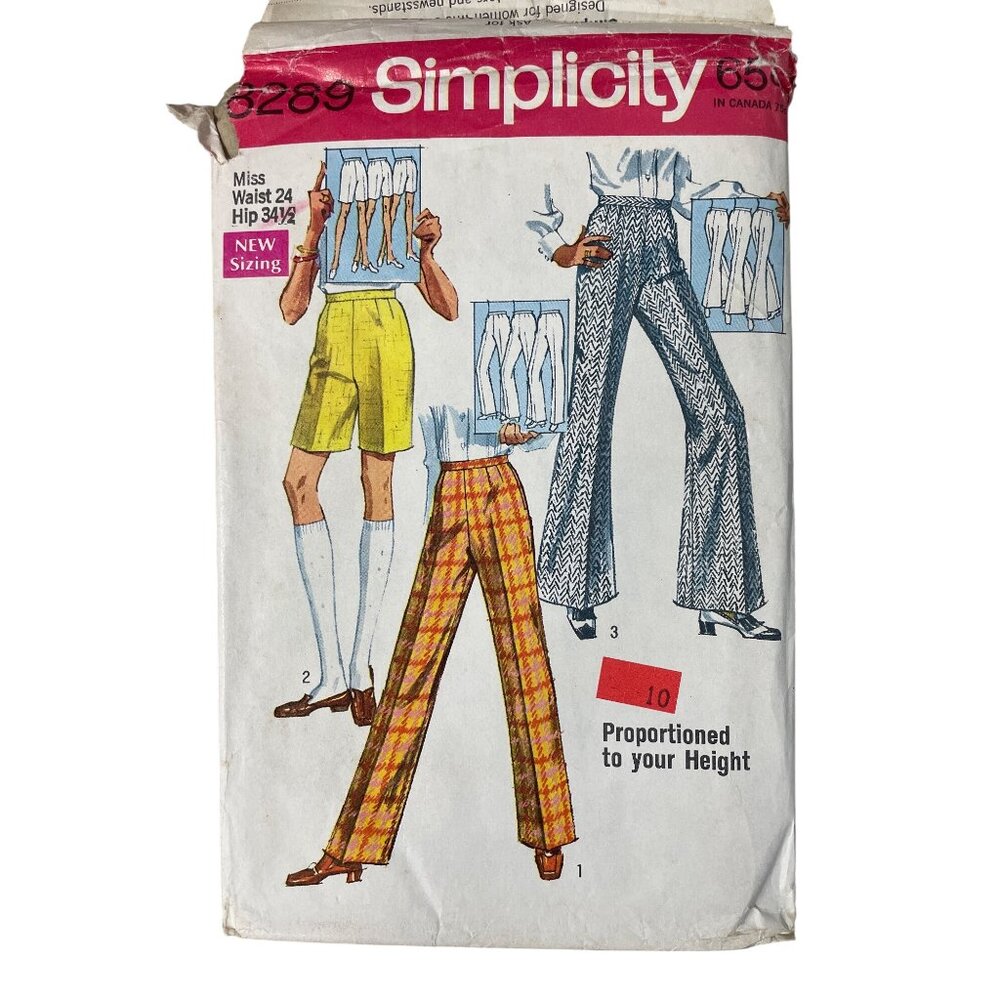 70s Simplicity 8289 Sewing Pattern Miss Waist 24 Hip 34 1/2 Shorts Bell Bottoms